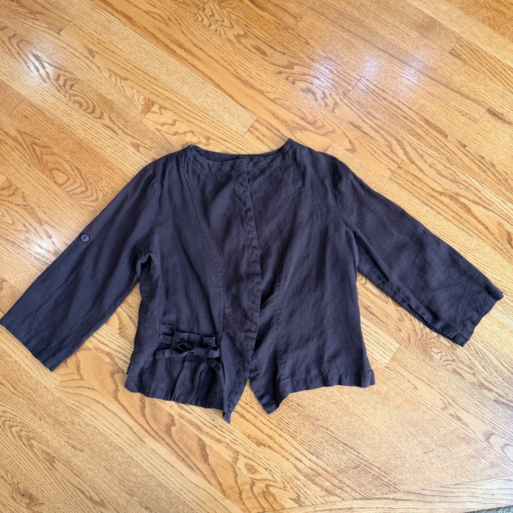 Stella Carakasi TSD Brown 100% Linen Open Front Jacket Bow Detail Top Small